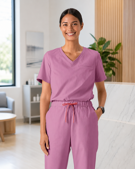 Classico H09 Women’s MOVE Premium Motion Pullover Scrub Top — Purple, Lightweight High-Stretch Quick-Dry Medical Uniform | US/EU Sizes S–XXL