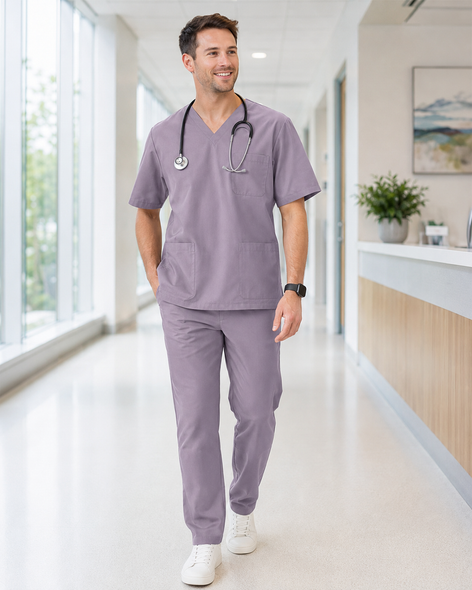 Classico 166 Men’s DEO Anti-Odor Fresh Scrub Top — Antibacterial Odor-Control Medical Workwear, Purple Gray, S–XXL