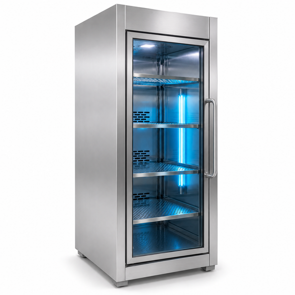 Sterile Storage Cabinet with HEPA Filtration, UV-C Disinfection, Environmental Controls and Ceiling-Duct Retransmit Functions