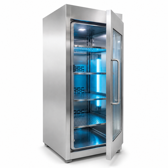 Sterile Storage Cabinet with HEPA Filtration, UV-C Disinfection, Environmental Controls and Ceiling-Duct Retransmit Functions