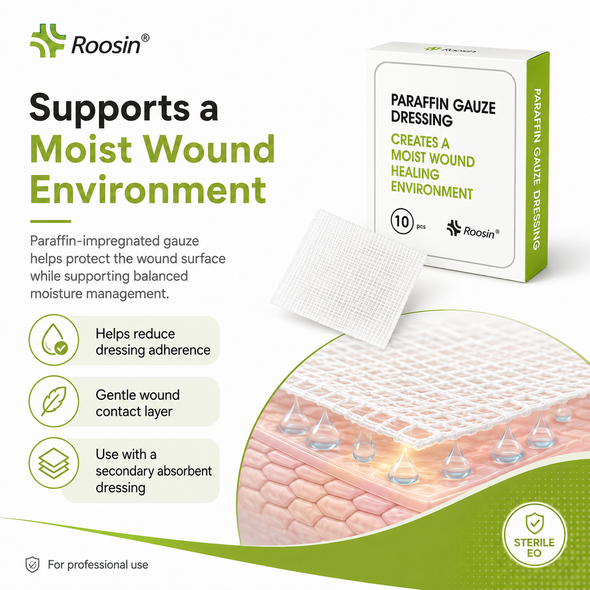 ROOSIN Paraffin Gauze Dressing | Sterile Non-Adherent Wound Contact Layer | 5 × 5 cm & 10 × 10 cm | Factory-Direct Bulk Supply