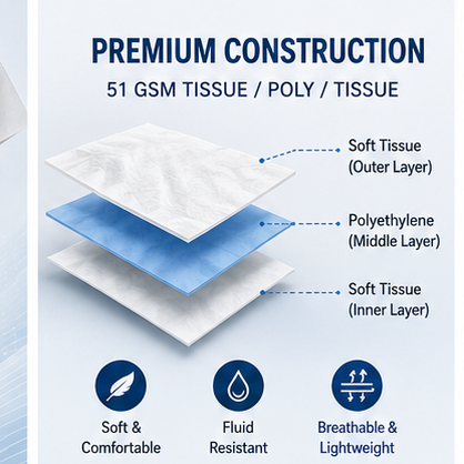 Exam Gown – 30 in × 42 in, 51 GSM, White & Blue - 25,000 PCS