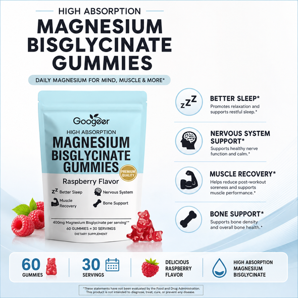 Goodger High-Absorption Magnesium Bisglycinate Gummies 400 mg – Raspberry Flavor | 60 Gummies / 30 Servings