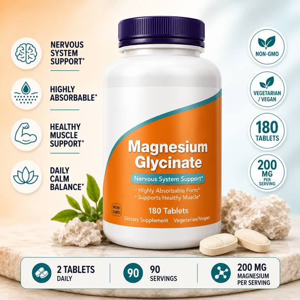 Magnesium Glycinate 200 mg Tablets – High-Absorption Mineral Support | 180 Count / 90 Servings