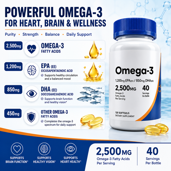 Omega-3 Fish Oil Softgels 2500 mg with 1200 mg EPA + 850 mg DHA — 120 Count