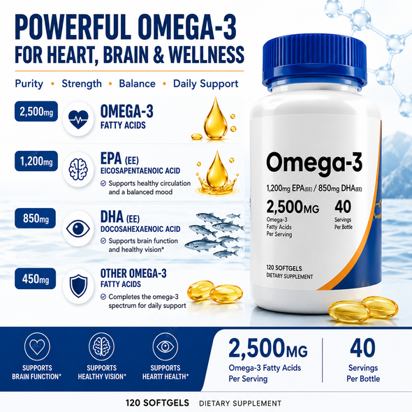 Omega-3 Fish Oil Softgels 2500 mg with 1200 mg EPA + 850 mg DHA — 120 Count