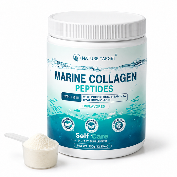 Marine Collagen Peptides Powder — Type I & III Collagen + Probiotics, Vitamin C & Hyaluronic Acid — Unflavored — 350 g / 12.35 oz