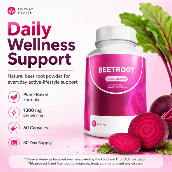 Beetroot 1300 mg Capsules — Plant-Based Beet Root Dietary Supplement — 60 Capsules