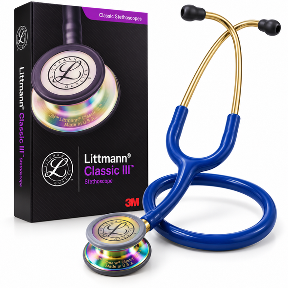 3M Littmann Classic III Stethoscope Blue Tube Gold Binaurals Rainbow Chestpiece