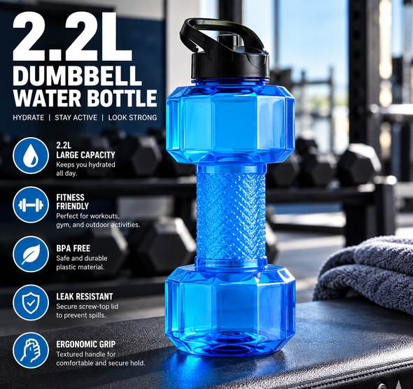 2.2L Dumbbell-Shaped Sports Water Bottle – Large Capacity Fitness & Cycling Hydration Bottle