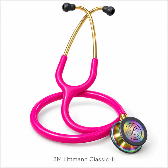 3M™ Littmann® Classic III™ Stethoscope – Pink Tube, Gold Binaurals & Rainbow-Finish Chestpiece