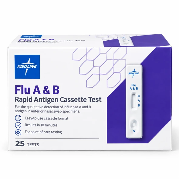 Medline Influenza A & B Rapid Antigen Test — CLIA-Waived Nasal Swab Cassette | 25 Tests/Box