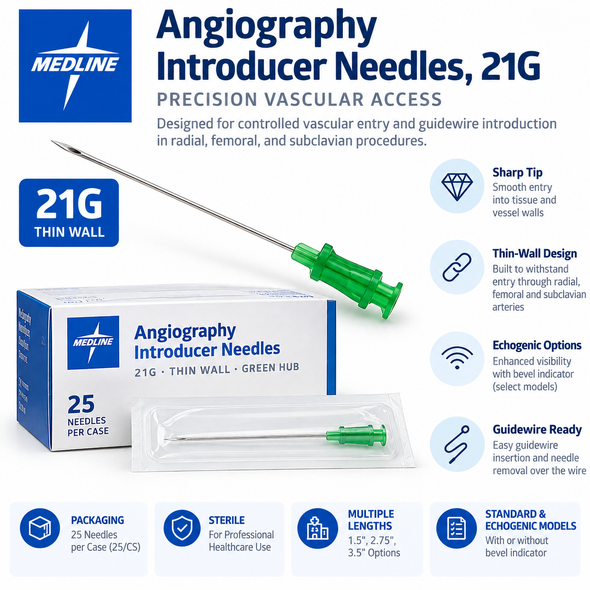 Angiography Introducer Needles, 21G — Green Hub