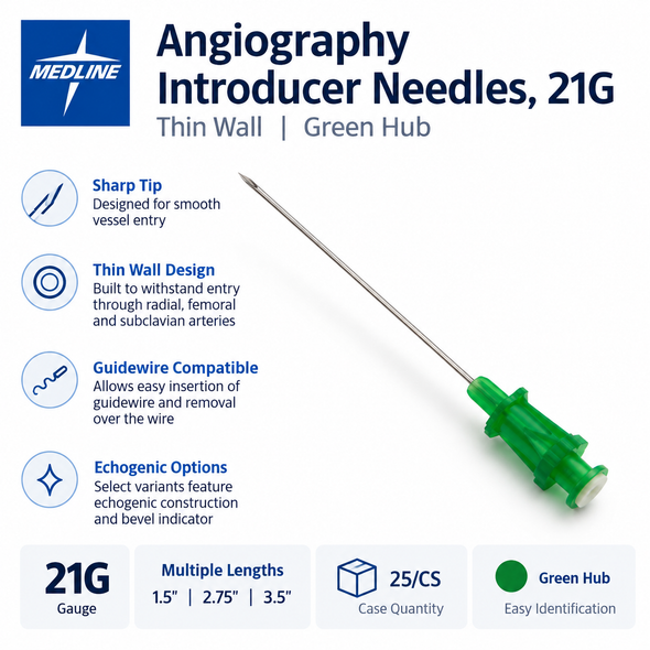 Angiography Introducer Needles, 21G — Green Hub