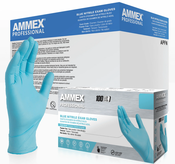 Ammex® Blue Nitrile Exam Gloves - Disposable, Powder-Free, Smooth, Polymer-Coated, 100/Box, 10 Boxes/Case