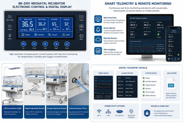 BK-3201 Neonatal Infant Incubator with LCD Display, Bed/Skin Temperature Control, Optional Humidity and Oxygen Control — Type I+ to Type IV
