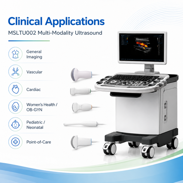 MSL MSLTU04002 Trolley Color Doppler Ultrasound System — DICOM 3.0, Dual Auto-Recognition Probe Ports, PW Doppler, THI and Optional 3D Imaging