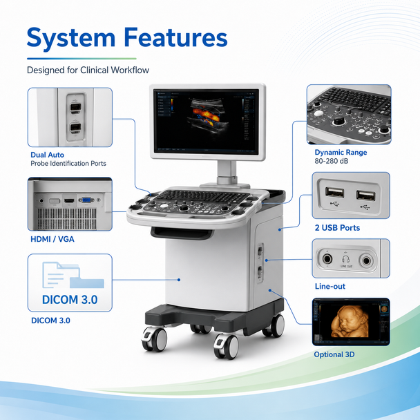 MSL MSLTU04002 Trolley Color Doppler Ultrasound System — DICOM 3.0, Dual Auto-Recognition Probe Ports, PW Doppler, THI and Optional 3D Imaging