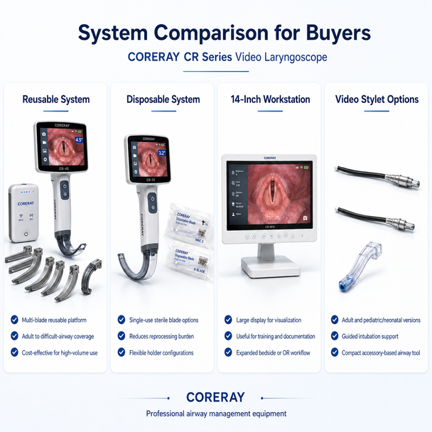 Coreray CR Series Video Laryngoscope & Airway Visualization System — 3.2-Inch or 4.5-Inch Handheld Displays, 14-Inch Workstation, Reusable and Disposable Blades, Video Stylets
