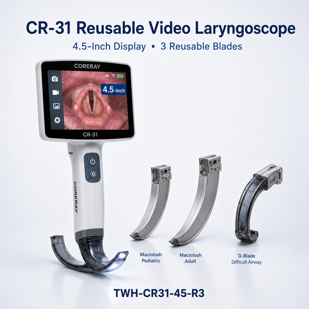 Coreray CR Series Video Laryngoscope & Airway Visualization System — 3.2-Inch or 4.5-Inch Handheld Displays, 14-Inch Workstation, Reusable and Disposable Blades, Video Stylets