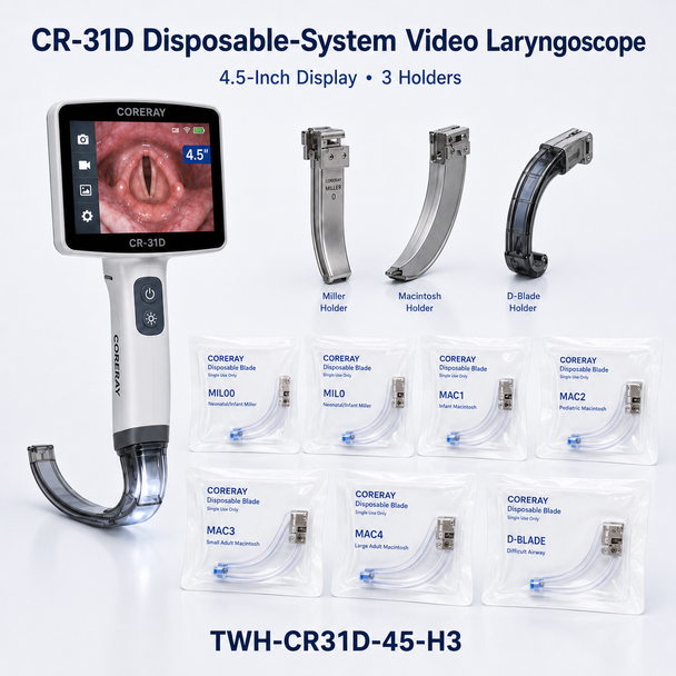 Coreray CR Series Video Laryngoscope & Airway Visualization System — 3.2-Inch or 4.5-Inch Handheld Displays, 14-Inch Workstation, Reusable and Disposable Blades, Video Stylets