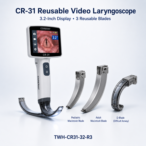 Coreray CR Series Video Laryngoscope & Airway Visualization System — 3.2-Inch or 4.5-Inch Handheld Displays, 14-Inch Workstation, Reusable and Disposable Blades, Video Stylets