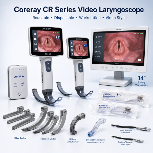 Coreray CR Series Video Laryngoscope & Airway Visualization System — 3.2-Inch or 4.5-Inch Handheld Displays, 14-Inch Workstation, Reusable and Disposable Blades, Video Stylets