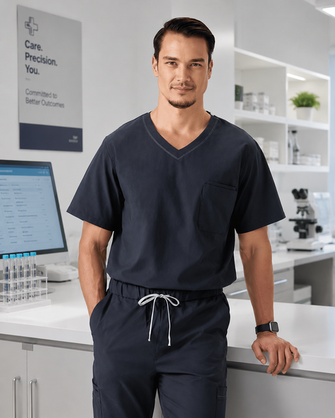Classico U09 Men’s MOVE Premium Motion Pullover Scrub Top — Navy, Lightweight High-Stretch Quick-Dry Medical Uniform | US/EU Sizes S–XXL