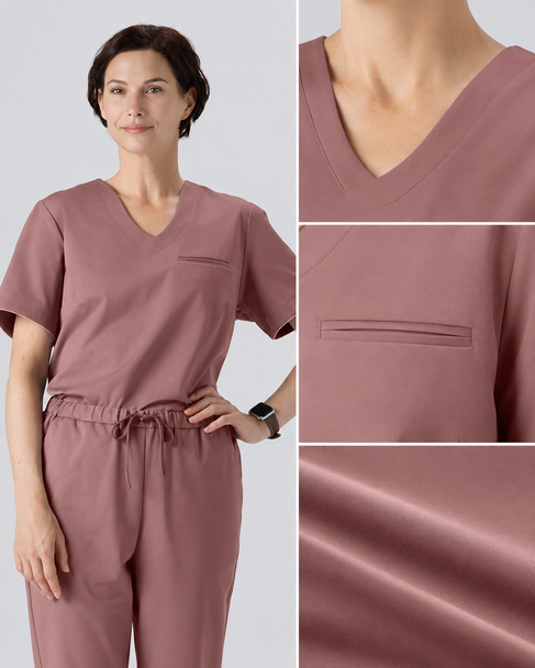 Classico H03 Women’s LUXE Silky Shine Scrub Top — Pink, Silk-Luster Stretch Jersey Medical Uniform | US/EU Sizes S–XXL