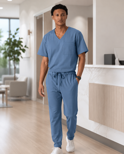 Classico U03 Men’s LUXE Silky Shine Scrub Top — Slate Blue, Stretch Jersey Medical Uniform | US/EU Sizes S–XXL