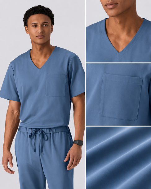 Classico U03 Men’s LUXE Silky Shine Scrub Top — Slate Blue, Stretch Jersey Medical Uniform | US/EU Sizes S–XXL