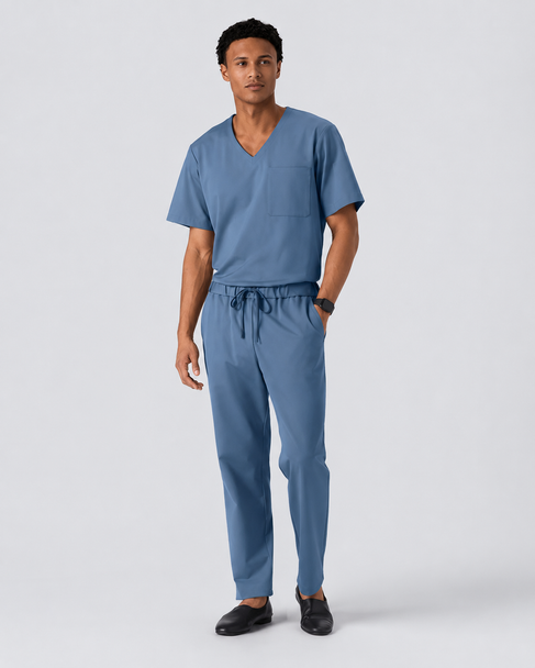 Classico U04 Men’s LUXE Silky Shine Scrub Pants — Slate Blue, Tapered Stretch Jersey Medical Uniform | US/EU Sizes S–XXL