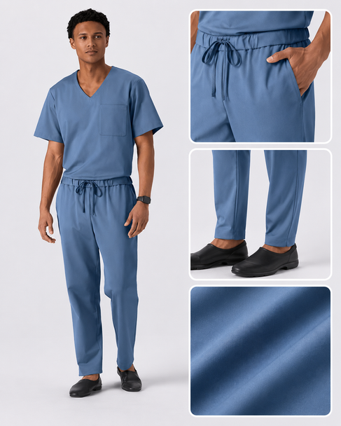 Classico U04 Men’s LUXE Silky Shine Scrub Pants — Slate Blue, Tapered Stretch Jersey Medical Uniform | US/EU Sizes S–XXL