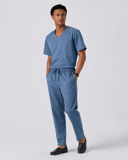 Classico U04 Men’s LUXE Silky Shine Scrub Pants — Slate Blue, Tapered Stretch Jersey Medical Uniform | US/EU Sizes S–XXL