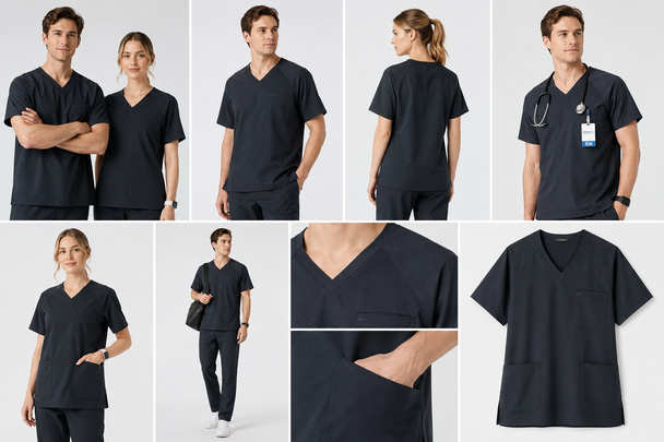 Classico 373 Unisex AIR MELANGE Scrub Top — Ultra-Lightweight Stretch Medical Workwear, Deep Navy, XXS–XXL