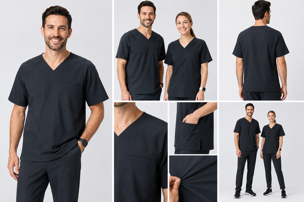 Classico 373 Unisex AIR MELANGE Scrub Top — Ultra-Lightweight Stretch Medical Workwear, Deep Navy, XXS–XXL