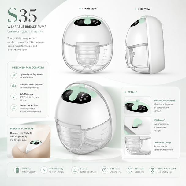 S35 Hands-Free Rechargeable Wearable Breast Pump – 9-Level USB-C Electric Milk Expression System, Single-Pump Kit