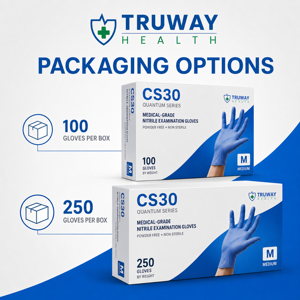 CS30 Quantum Series Standard Nitrile Examination Gloves — Powder-Free, Finger-Textured Bulk Pallet Supply