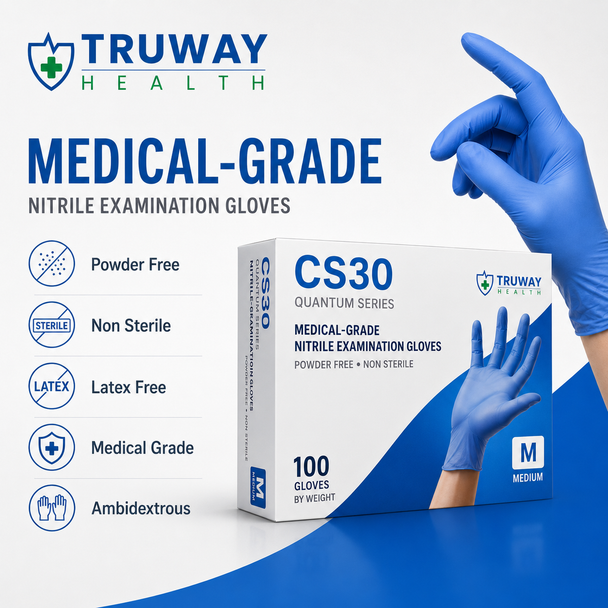 CS30 Quantum Series Standard Nitrile Examination Gloves — Powder-Free, Finger-Textured Bulk Pallet Supply