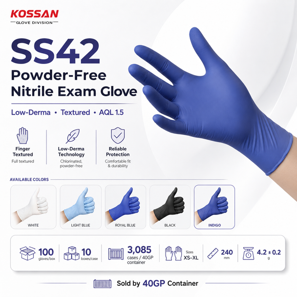 Kossan SS42 powder-free nitrile exam gloves featuring Low-Derma technology, textured grip, AQL 1.5, five colors, XS–XL sizes, and 40GP supply.