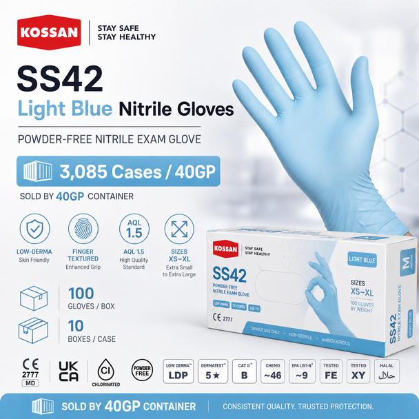 Kossan Allergy Care SS42 Powder-Free Nitrile Examination Gloves