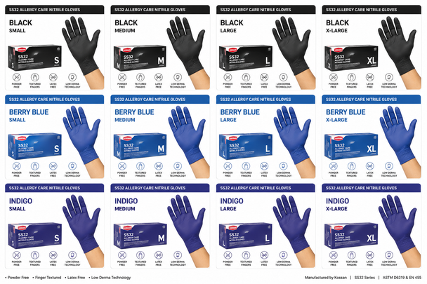 Kossan SS32 Allergy Care Nitrile Exam Gloves — 40′ GP Container