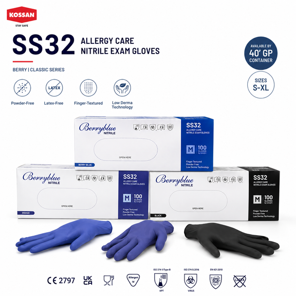 Kossan SS32 Allergy Care Nitrile Exam Gloves — 40′ GP Container