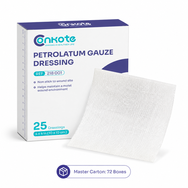Conkote 218 001 petrolatum gauze dressing, 4 x 4 inch, 25 dressings per box and 72 boxes per master carton.
