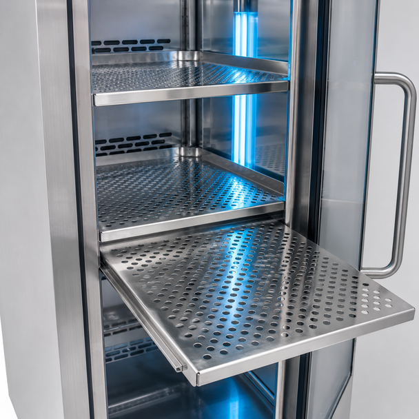 Sterile Storage Cabinet with HEPA Filtration, UV-C Disinfection, Environmental Controls and Ceiling-Duct Retransmit Functions