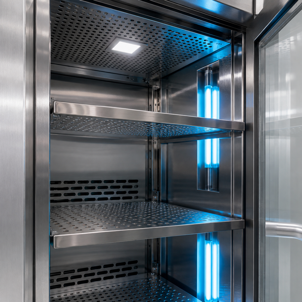 Sterile Storage Cabinet with HEPA Filtration, UV-C Disinfection, Environmental Controls and Ceiling-Duct Retransmit Functions