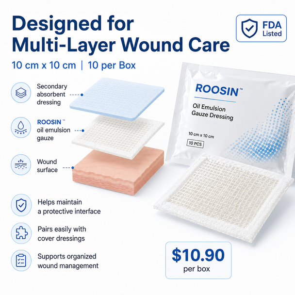 ROOSIN Oil Emulsion Gauze Dressing — 10 cm × 10 cm | 10/Box | Factory-Direct