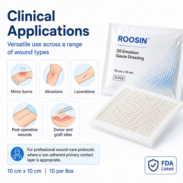 ROOSIN Oil Emulsion Gauze Dressing — 10 cm × 10 cm | 10/Box | Factory-Direct