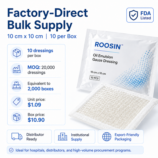 ROOSIN Oil Emulsion Gauze Dressing — 10 cm × 10 cm | 10/Box | Factory-Direct