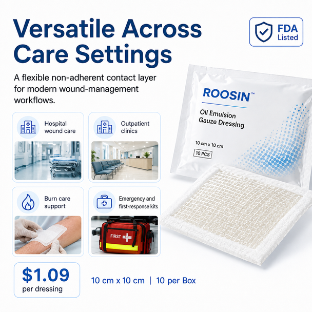 ROOSIN Oil Emulsion Gauze Dressing — 10 cm × 10 cm | 10/Box | Factory-Direct